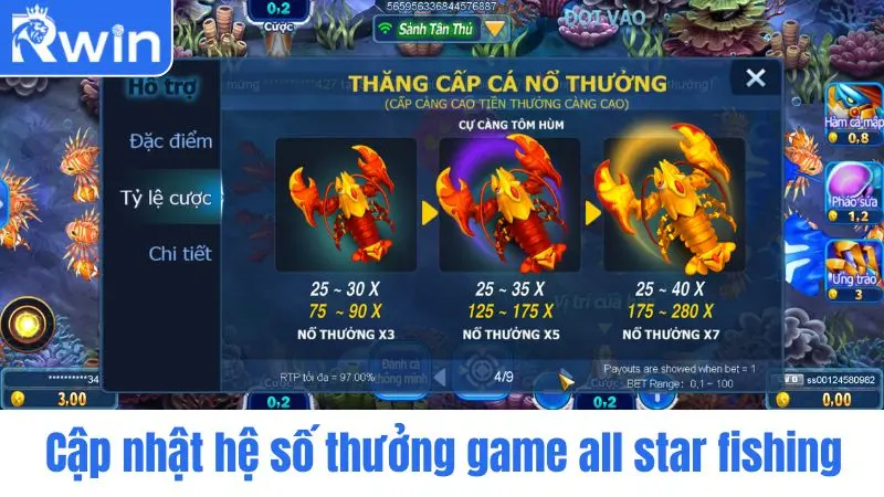 Cập nhật hệ số thưởng game all star fishing